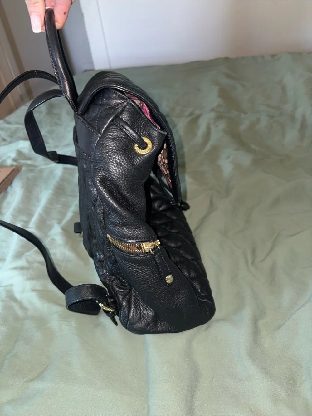 Vera Bradley Quilted Black Leather Backpack with Gold Hardware